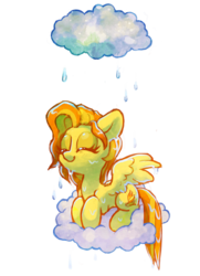Size: 1280x1769 | Tagged: safe, artist:dawnfire, spitfire, pegasus, pony, g4, alternate hairstyle, cloud, cute, cutefire, cutie mark, eyes closed, female, hooves, lying down, lying on a cloud, mare, on a cloud, prone, rain, simple background, smiling, solo, spread wings, transparent background, wet, wings