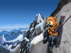 Size: 8000x6029 | Tagged: safe, artist:kennelj, oc, oc only, absurd resolution, atg 2016, bag, cleats, climbing, clothes, grappling hook, harness, hood, mountain, newbie artist training grounds, oxygen mask, pants, ropes, scenery, signature, snow, solo, visor