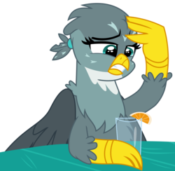 Size: 3225x3150 | Tagged: safe, artist:sketchmcreations, gabby, griffon, g4, the fault in our cutie marks, cup, food, glass, high res, orange, raised eyebrow, simple background, table, transparent background, upset, vector