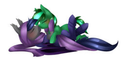 Size: 3512x1711 | Tagged: safe, artist:scarlet-spectrum, oc, oc only, oc:leafy, oc:noxavian, bat pony, earth pony, pony, blushing, commission, duo, eyes closed, kissing, male, simple background, straight, transparent background