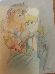 Size: 2448x3264 | Tagged: safe, artist:elirunes, derpy hooves, doctor whooves, time turner, pegasus, pony, g4, blushing, clothes, dress, female, male, mare, ship:doctorderpy, shipping, straight, traditional art