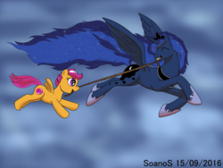 Size: 1024x768 | Tagged: safe, artist:soanos, princess luna, scootaloo, alicorn, pegasus, pony, g4, cloud, cloudy, cutie mark, flying, mouth hold, rope, scootaloo can fly, scootalove, the cmc's cutie marks