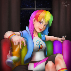 Size: 900x900 | Tagged: safe, artist:mentalmongloid, derpibooru exclusive, rainbow dash, equestria girls, g4, bong, crossed legs, curtains, cushion, drugs, humanized, lighter, looking at you, marijuana, rainbow kush, sitting, smiling, stars, uncanny valley, zippo