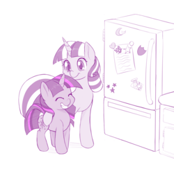 Size: 1100x1075 | Tagged: safe, artist:dstears, twilight sparkle, twilight velvet, pony, unicorn, g4, adorkable, cute, dork, eyes closed, female, filly, filly twilight sparkle, mare, mother and daughter, newbie artist training grounds, refrigerator, simple background, smiling, twiabetes, velvetbetes, white background