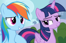 Size: 1024x671 | Tagged: safe, screencap, rainbow dash, twilight sparkle, alicorn, pony, g4, it ain't easy being breezies, lidded eyes, twilight sparkle (alicorn)