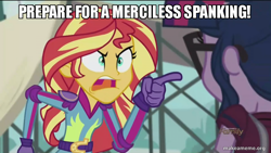 Size: 800x450 | Tagged: safe, edit, edited screencap, screencap, sci-twi, sunset shimmer, twilight sparkle, equestria girls, g4, my little pony equestria girls: friendship games, caption, image macro, imminent spanking, makeameme.org, meme, sunset yells at twilight