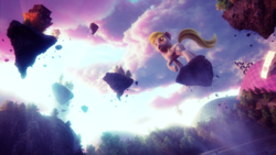 Size: 1920x1080 | Tagged: safe, artist:trombonyponypie, derpy hooves, pegasus, pony, g4, 3d, :o, blender, chaos, cloud, crepuscular rays, discorded landscape, epic derpy, featured image, female, floating, floating island, looking up, mare, open mouth, raised hoof, realistic, render, scenery, scenery porn, sky, solo, underhoof