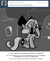 Size: 666x809 | Tagged: safe, artist:egophiliac, princess luna, moonstuck, g4, cute, facial hair, fake moustache, filly, hat, monochrome, monocle, moustache, top hat, tumblr, woona, younger