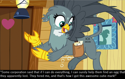 Size: 888x566 | Tagged: safe, edit, edited screencap, screencap, gabby, griffon, g4, the fault in our cutie marks, bronybait, caption, cutie mark, female, meta, ready player one, solo, stupidity, this will end in tears