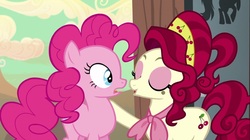 Size: 1100x618 | Tagged: safe, screencap, cherry jubilee, pinkie pie, pony, g4, my little pony: friendship is magic, party pooped