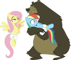 Size: 7100x6000 | Tagged: safe, artist:sollace, fluttershy, harry, rainbow dash, bear, pegasus, pony, g4, absurd resolution, baby bottle, diaper, diaper fetish, fat, female, holding a pony, larger male, lidded eyes, mare, non-baby in diaper, obese, physique difference, show accurate, simple background, size difference, skinny, smaller female, strong fat, thin, transparent background, trio, vector