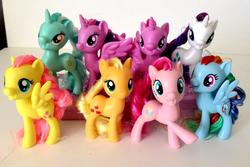 Size: 1280x853 | Tagged: safe, applejack, fluttershy, lyra heartstrings, pinkie pie, rainbow dash, rarity, twilight sparkle, alicorn, pony, g4, doll, female, irl, mane six, photo, taobao, toy, twilight sparkle (alicorn)