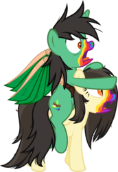 Size: 3000x4350 | Tagged: safe, artist:sollace, oc, oc only, oc:frost d. tart, oc:golden lily, alicorn, pony, 28 pranks later, g4, alicorn oc, brother and sister, cookie zombie, messy mane, open mouth, pointing, ponies riding ponies, rainbow muzzle, riding, show accurate, simple background, transparent background, vector