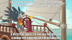 Size: 888x499 | Tagged: safe, artist:bronybyexception, edit, edited screencap, screencap, gabby, griffon, g4, captain jack sparrow, caption, cute, female, gabby's shanty, gabbybetes, image macro, meme, michael bolton, pirates of the caribbean, saturday night live, solo, the lonely island