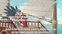 Size: 888x499 | Tagged: safe, artist:bronybyexception, edit, edited screencap, screencap, gabby, griffon, g4, caption, cute, duck's ditty, female, gabby's shanty, gabbybetes, image macro, kenneth grahame, meme, solo, the wind in the willows, wind in the willows