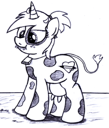 Size: 2006x2346 | Tagged: safe, artist:an-tonio, oc, oc only, oc:silver draw, cow, bell, bell collar, collar, cowbell, cowified, grass, high res, monochrome, solo, species swap, traditional art, udder