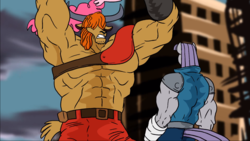 Size: 1366x768 | Tagged: safe, artist:atariboy2600, maud pie, pinkie pie, prince rutherford, yak, anthro, g4, animated at source, armpits, hokuto no ken, kenshiro, lin (hokuto no ken), maud pump, muscles, ripped, this will end in death, this will end in pain, wip, youtube link, zeed