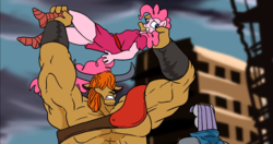 Size: 1366x722 | Tagged: safe, artist:atariboy2600, maud pie, pinkie pie, prince rutherford, yak, anthro, g4, animated at source, armpits, hokuto no ken, kenshiro, lin (hokuto no ken), muscles, ripped, wip, youtube link, zeed