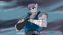 Size: 1366x768 | Tagged: safe, artist:atariboy2600, maud pie, earth pony, anthro, g4, animated at source, cracking knuckles, hokuto no ken, kenshiro, maud pump, muscles, ripped, this will end in death, this will end in omae wa mou shindeiru, this will end in pain, wip