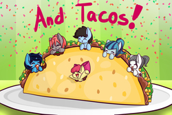 Size: 1500x1000 | Tagged: safe, artist:arielsbx, apple bloom, sonata dusk, oc, oc:spicy, g4, food, micro, ponies in food, taco, that pony sure does love tacos
