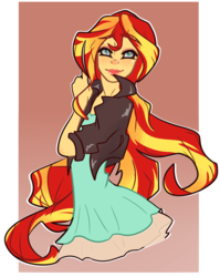 Size: 823x1036 | Tagged: safe, artist:wilage, sunset shimmer, equestria girls, g4, abstract background, female, looking at you, solo