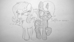 Size: 1314x741 | Tagged: artist needed, safe, oc, oc only, oc:anon, oc:filly anon, oc:nyx, alicorn, earth pony, pony, alicorn oc, angry, bump, butt to butt, butts, cutie mark, female, filly, pencil drawing, personal space invasion, smug, traditional art