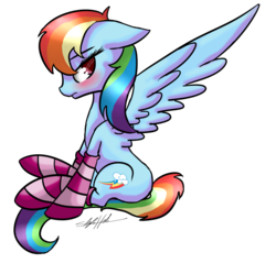 Size: 1021x975 | Tagged: safe, artist:justart101, rainbow dash, g4, backwards cutie mark, blushing, clothes, female, floppy ears, frown, i'm not cute, sitting, socks, solo, spread wings, striped socks