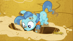 Size: 600x337 | Tagged: safe, screencap, petunia paleo, earth pony, pony, g4, the fault in our cutie marks, animated, cute, digging, eager, female, filly, foal, gif, grin, happy, petuniabetes, sand, sandbox, smiling, solo