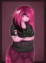 Size: 536x737 | Tagged: safe, artist:rainbowhitter, pinkie pie, earth pony, anthro, g4, breasts, busty pinkie pie, chubby, clothes, ear piercing, earring, emo, female, jewelry, nail polish, piercing, pinkamena diane pie, solo