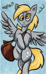 Size: 600x954 | Tagged: safe, artist:rainsingingdragon, derpy hooves, pegasus, pony, g4, female, flying, mailbag, mare, misspelling, solo, traditional art