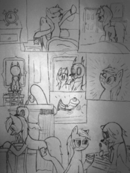 Size: 1920x2560 | Tagged: safe, artist:derpanater, oc, oc only, oc:toothpick, changeling, earth pony, pony, alarm clock, bathtub, bed, bed hair, bedroom, black and white, bracelet, broken horn, comic, counter, cute, cutie mark, door, dresser, floppy ears, grayscale, horn, jewelry, mirror, missing the point, monochrome, reflection, ring, shocked, shower curtain, sideways image, sink, stool, sweatdrop, toothbrush, toothpaste, traditional art, wedding ring