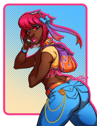 Size: 699x900 | Tagged: safe, artist:artofcarmen, oc, oc only, oc:cteno, human, ass, autobot, barely pony related, butt, clothes, community related, dark skin, female, humanized, humanized oc, jeans, panties, pants, solo, thong, transformers, underwear