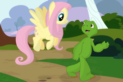 Size: 3489x2317 | Tagged: safe, artist:porygon2z, fluttershy, pegasus, pony, reptile, turtle, anthro, digitigrade anthro, g4, anthro with ponies, crossover, duo, duo male and female, female, franklin, franklin the turtle, high res, male, mare, no shell, nudity