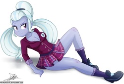 Size: 1024x695 | Tagged: safe, artist:the-butch-x, sugarcoat, equestria girls, friendship games, g4, bedroom eyes, breasts, busty sugarcoat, cleavage, clothes, commission, crystal prep academy uniform, eyebrow wiggle, female, legs, pigtails, plaid skirt, pleated skirt, school uniform, schrödinger's pantsu, sexy, shirt, skirt, solo, stupid sexy sugarcoat, thighs, twintails