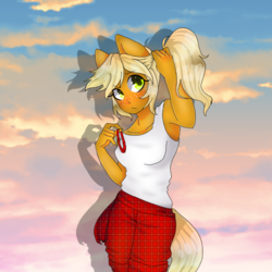 Size: 768x768 | Tagged: safe, artist:eyelessjackssis, applejack, earth pony, anthro, g4, blushing, clothes, female, loose hair, scrunchie, solo, tank top