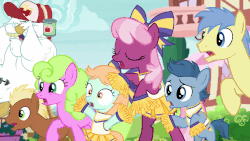Size: 1920x1080 | Tagged: safe, screencap, bulk biceps, cheerilee, daisy, flower wishes, goldengrape, meadow song, peach fuzz, perky prep, sir colton vines iii, pony, g4, the cart before the ponies, adaisable, animated, bulkabetes, cheeribetes, cheerileeder, cheering, cheerleader, cheerleader outfit, cheerleading, clothes, colt, cute, diapeaches, filly, foal, gif, hair bow, pleated skirt, pom pom, ponyville, raised hoof, shocked, skirt, worried