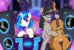 Size: 2657x1771 | Tagged: safe, artist:luka-koward, dj pon-3, octavia melody, vinyl scratch, g4, cello, eyes closed, grin, musical instrument, smiling