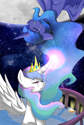 Size: 1181x1748 | Tagged: safe, artist:luka-koward, princess celestia, princess luna, g4, balcony, crying, eyes closed, magic, moon, royal sisters, s1 luna