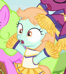 Size: 572x645 | Tagged: safe, screencap, daisy, flower wishes, peach fuzz, pony, g4, the cart before the ponies, animated, cheering, cheerleader, cheerleader outfit, cheerleading, close-up, clothes, cute, diapeaches, female, filly, foal, gasp, gif, hair bow, open mouth, pleated skirt, pom pom, shocked, skirt, solo focus, worried
