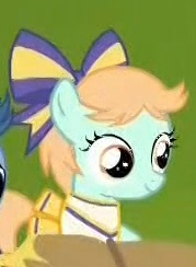 Size: 179x244 | Tagged: safe, screencap, peach fuzz, pony, g4, the cart before the ponies, avatar, cheerleader, cheerleader outfit, close-up, clothes, cute, diapeaches, female, filly, foal, hair bow, pleated skirt, skirt, smiling, solo