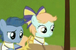 Size: 372x249 | Tagged: safe, screencap, peach fuzz, perky prep, pony, g4, the cart before the ponies, animated, blinking, cheerleader, cheerleader outfit, clothes, colt, cute, diapeaches, female, filly, foal, gif, hair bow, pleated skirt, pom pom, skirt, smiling