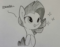 Size: 1275x1004 | Tagged: safe, artist:tjpones, rarity, pony, unicorn, g4, dialogue, female, grayscale, idea, missing horn, monochrome, solo, sparkles, traditional art