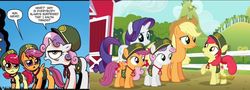 Size: 1046x378 | Tagged: safe, idw, official comic, screencap, apple bloom, applejack, rarity, scootaloo, sweetie belle, 28 pranks later, g4, spoiler:comic, spoiler:comic24, annoyed, barn, cutie mark, cutie mark crusaders, filly, filly guides, happy, hat, open mouth, panel, raised hoof, ribbon, smiling, sweet apple acres, the cmc's cutie marks