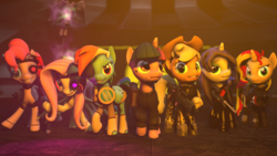 Size: 1920x1080 | Tagged: safe, artist:stagmod, applejack, fluttershy, pinkie pie, rainbow dash, rarity, sunset shimmer, twilight sparkle, pony, g4, 3d, mane six, source filmmaker, war hammer, warhammer (game), warhammer 40k, weapon