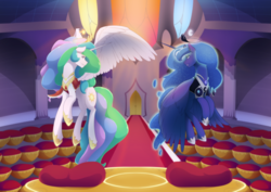 Size: 8598x6071 | Tagged: safe, artist:mylittlesheepy, princess celestia, princess luna, g4, absurd resolution, clothes, flying, royal sisters, smiling