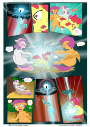 Size: 5619x7942 | Tagged: safe, artist:jeremy3, apple bloom, scootaloo, sweetie belle, earth pony, pony, comic:everfree, g4, absurd resolution, bravery, buck, bucking, cloud, comic, courage, cutie mark crusaders, electrocution, horses doing horse things, lightning, monster, this will end in pain