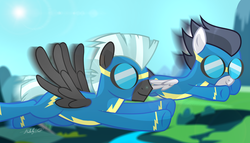 Size: 4160x2376 | Tagged: safe, artist:shutterflyeqd, rumble, thunderlane, pegasus, pony, g4, brothers, clothes, duo, flying, goggles, high res, hilarious in hindsight, male, signature, stallion, wonderbolts uniform