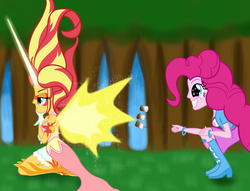 Size: 2560x1960 | Tagged: safe, artist:cybersquirrel, pinkie pie, sunset shimmer, equestria girls, g4, boots, bracelet, clothes, daydream shimmer, fiery shimmer, fiery wings, food, high heel boots, jewelry, kneeling, marshmallow, mundane utility, skirt, squatting, toasted marshmallow, walking campfire