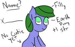 Size: 1280x800 | Tagged: safe, artist:saria the frost mage, oc, oc only, oc:clover patch, earth pony, pony, a foal's adventure, blank flank, character creation, child, color, cyoa, female, filly, foal, smiling, solo, story included, text