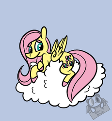 Size: 380x412 | Tagged: safe, artist:lilsunshinesam, fluttershy, g4, cloud, colored hooves, crossed hooves, female, looking at you, lying down, simple background, solo